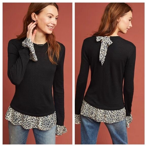 Kachel X Anthropologie | Cashmere Blend Leopard
Ruffle Hem Sweater Black 14 - Picture 1 of 13